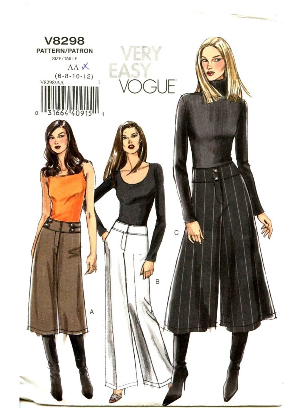 Vogue V8298 Sewing Pattern Misses Petite Pants & Gaucho Sizes 6-12 Very Easy